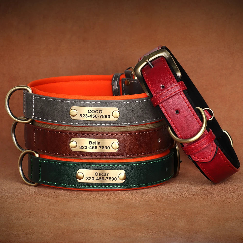 ID Tag Name Dog Collar Custom Engraved PU Leather